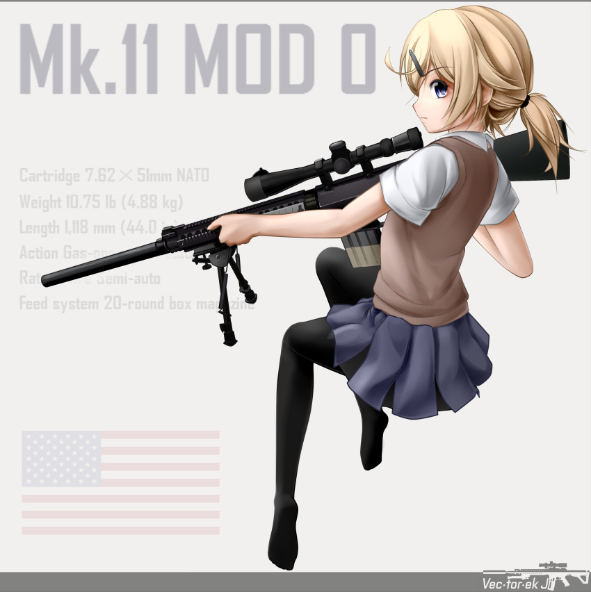 1girl, absurdres, american_flag, artist_name, bangs, bipod, black_legwear, blazer