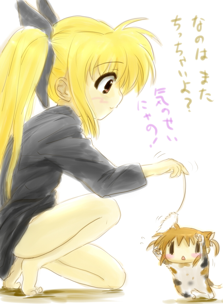 animal_ears, bad_id, barefoot, blonde_hair, blush, brown_hair, cat, cat_ears