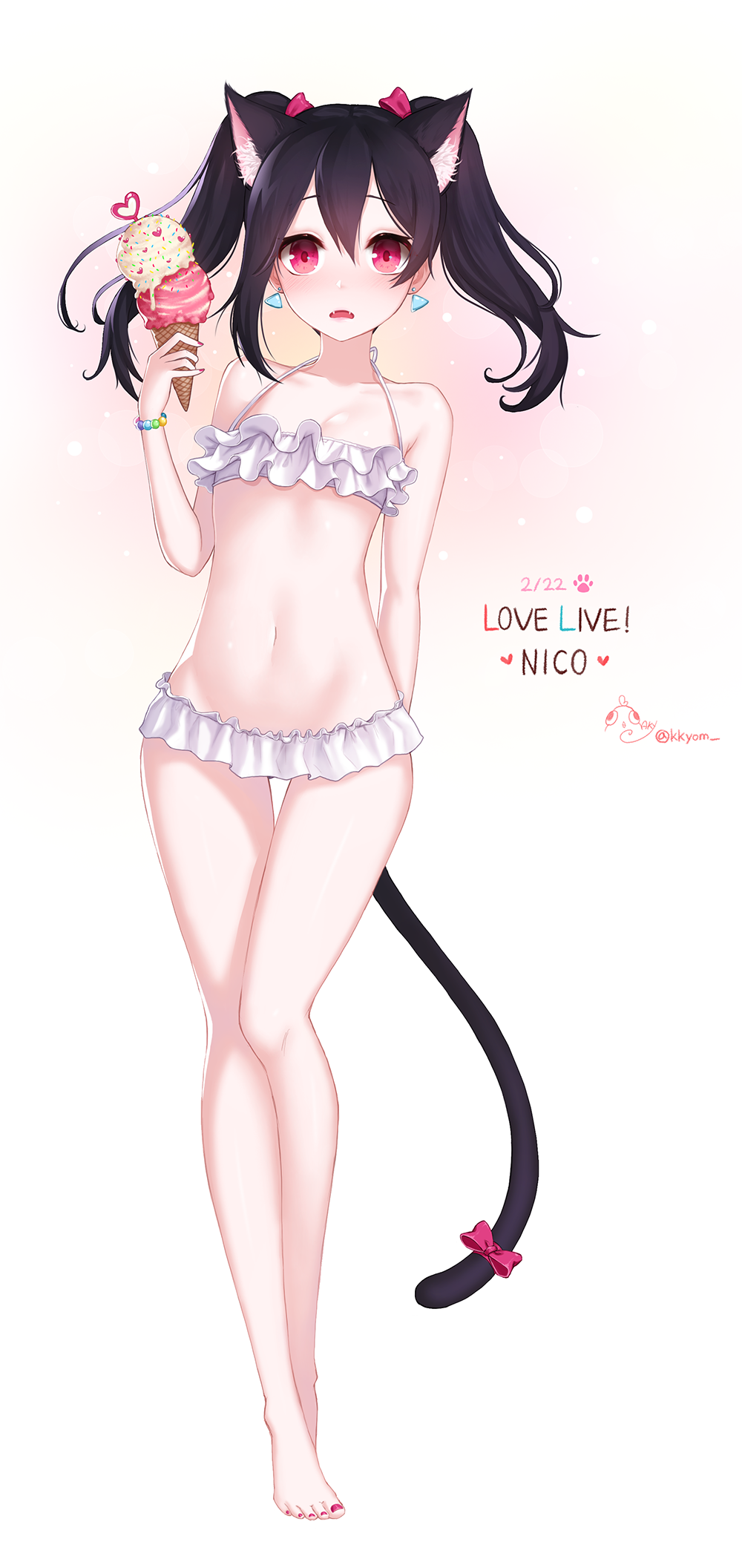 1girl, 2016, alternate_costume, ango, animal_ears, bangs, barefoot, bead_bracelet, bikini, bikini_skirt, black_hair, bow, bracelet, cat_day, cat_ears, cat_tail, character_name, copyright_name, dated, double_scoop, earrings, fangs, food, frilled_bikini, frills, full_body, groin, hair_between_eyes, hair_bow, halterneck, heart, highres, holding_food, ice_cream, ice_cream_cone, jewelry, kemonomimi_mode, long_hair, looking_at_viewer, love_live!_school_idol_project, nail_polish, navel, open_mouth, pink_bow, red_eyes, red_nails, signature, small_breasts, solo, standing, stomach, swimsuit, tail, tail_bow, thigh_gap, toenail_polish, triangle, twintails, white_bikini, yazawa_nico