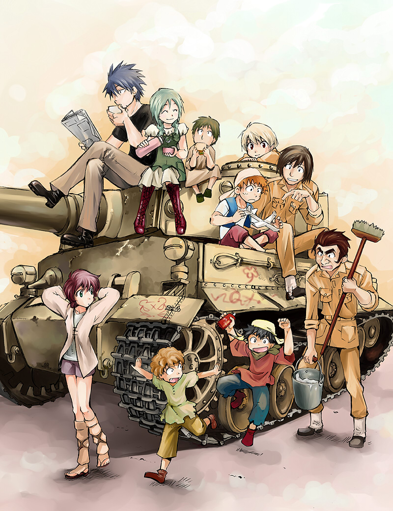 3girls, 6+boys, aisha_(cagaster), bandana, black_hair, brown_hair, bucket, bucket_of_water