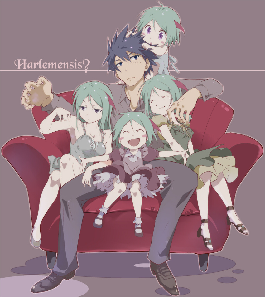1boy, 4girls, age_comparison, black_hair, child, couch, green_hair, highres