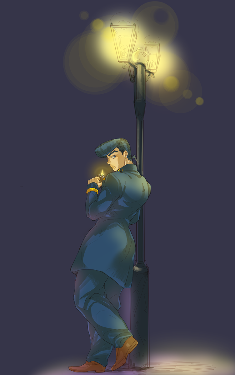 1boy, achi_(chnanc), baggy_pants, blue_eyes, blue_hair, full_body, gakuran, higashikata_jousuke