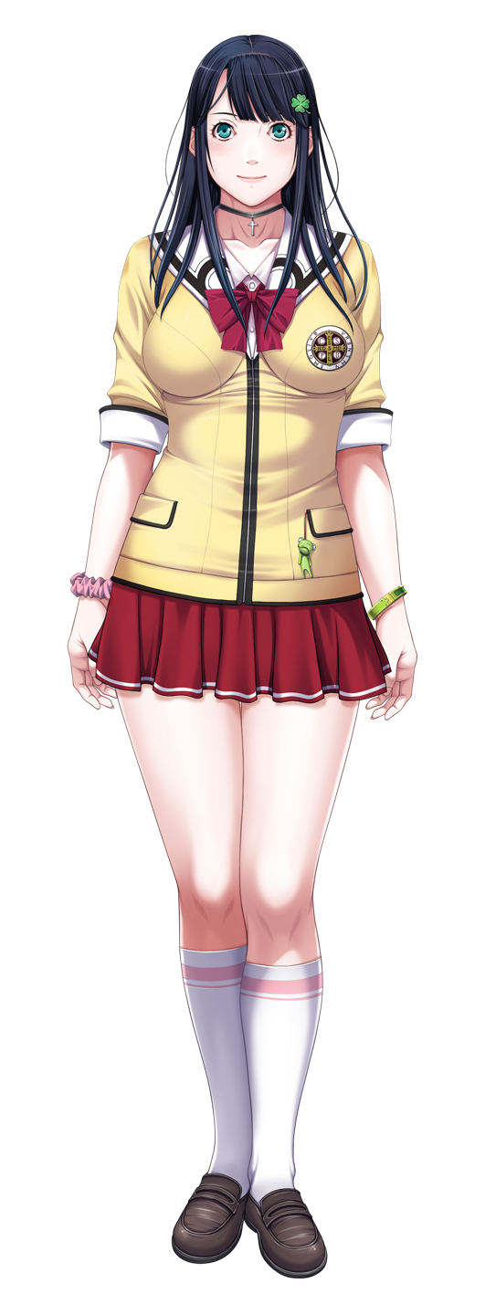 1girl, aqua_eyes, black_hair, full_body, hair_ornament, hairclip, highres, long_hair, looking_at_viewer, p/a_~potential_ability~, pleated_skirt, ribbon, school_uniform, sei_shoujo, shoes, simple_background, skirt, smile, socks, solo, standing, takajou_yuna