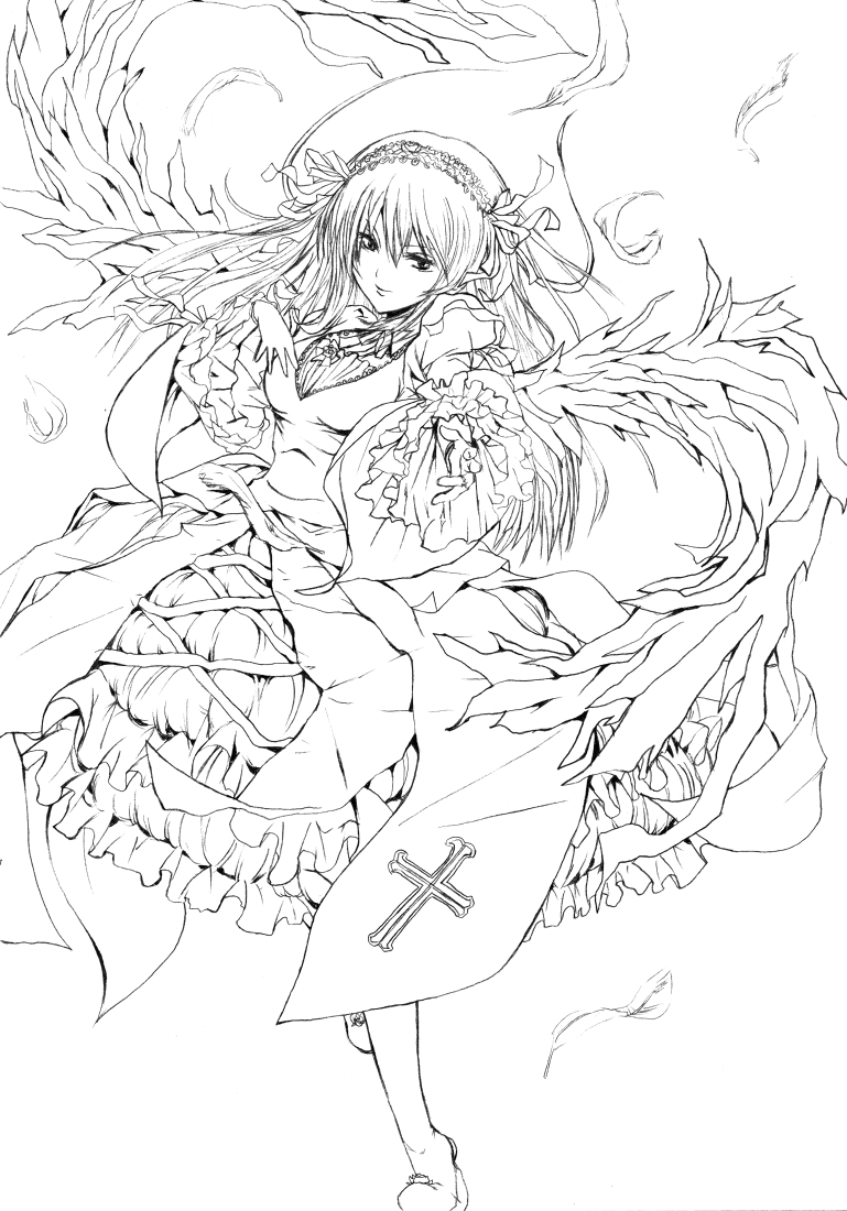 dress, frills, hairband, kohinore, long_hair, monochrome, rozen_maiden, suigintou