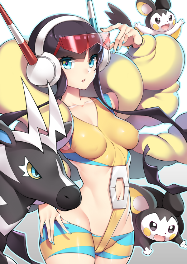 1girl, bangs, bike_shorts, black_hair, blue_eyes, blunt_bangs, blush, breasts