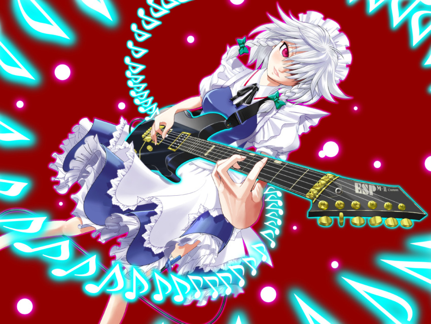 1girl, arashi, braid, danmaku, guitar, highres, instrument, izayoi_sakuya, maid, musical_note, red_eyes, ribbon, short_hair, soloist_(guitar), touhou, twin_braids, white_hair