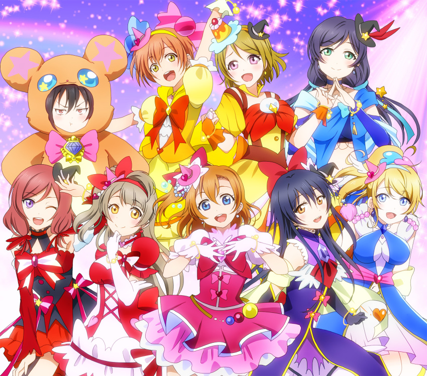 6+girls, :t, ;d, animal_costume, annoyed, arm_up, ayase_eli, bear_costume