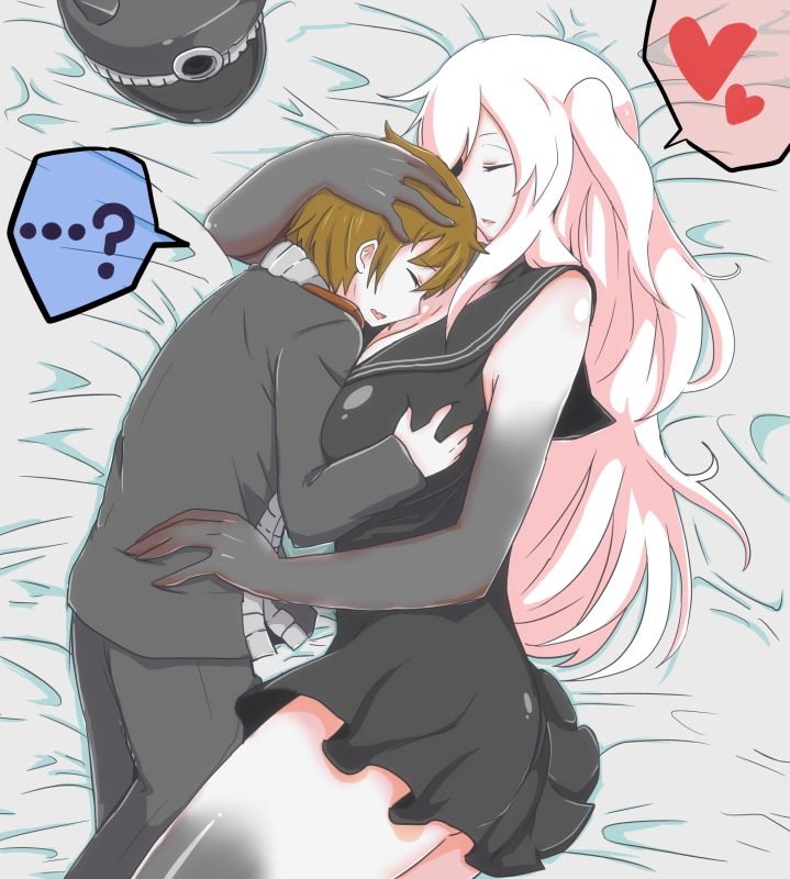 ..., 1boy, 1girl, ?, age_difference, aircraft_carrier_oni, black_dress, breast_grab