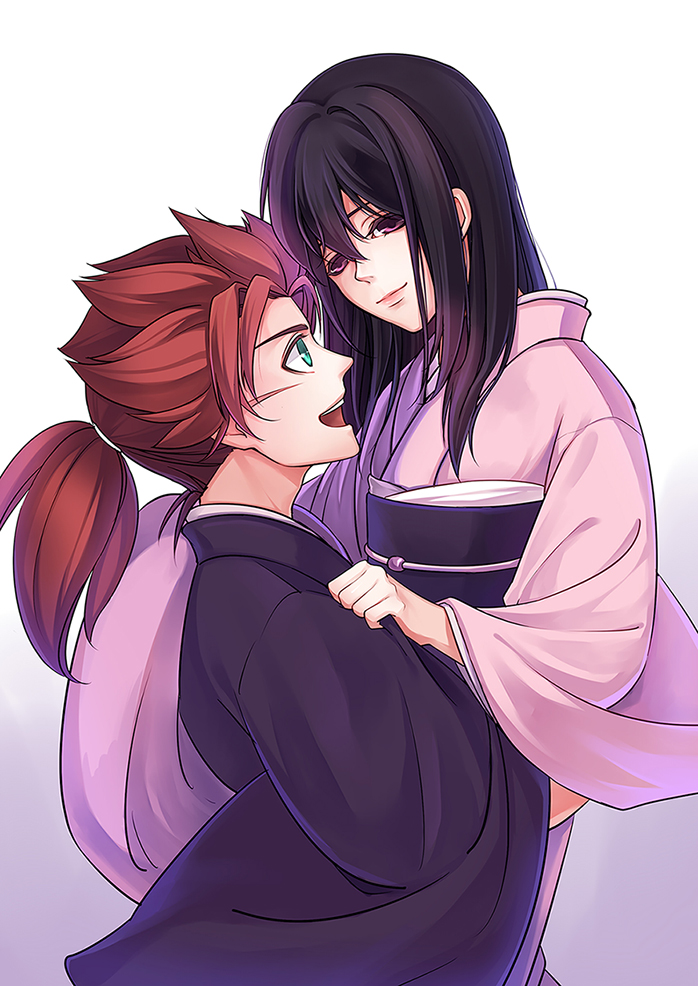 1boy, 1girl, carrying, couple, green_eyes, hetero, hug, ichimura_tetsunosuke, japanese_clothes, kimono, long_hair, obi, peace_maker_kurogane, purple_hair, sash, saya_(peace_maker_kurogane), scar, violet_eyes, yonakaforever