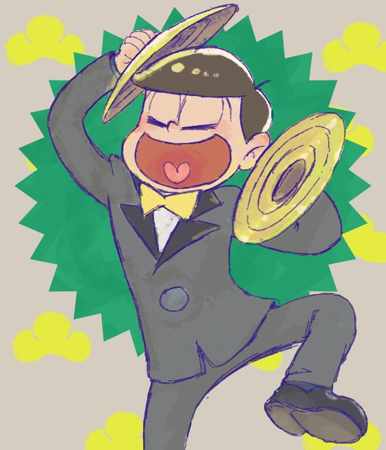 1boy, bow, bowtie, closed_eyes, cymbals, formal, heart, heart_in_mouth