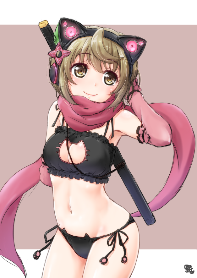 1girl, ayama_yuiya, bell, black_bra, black_panties, blush, bra, brown_eyes