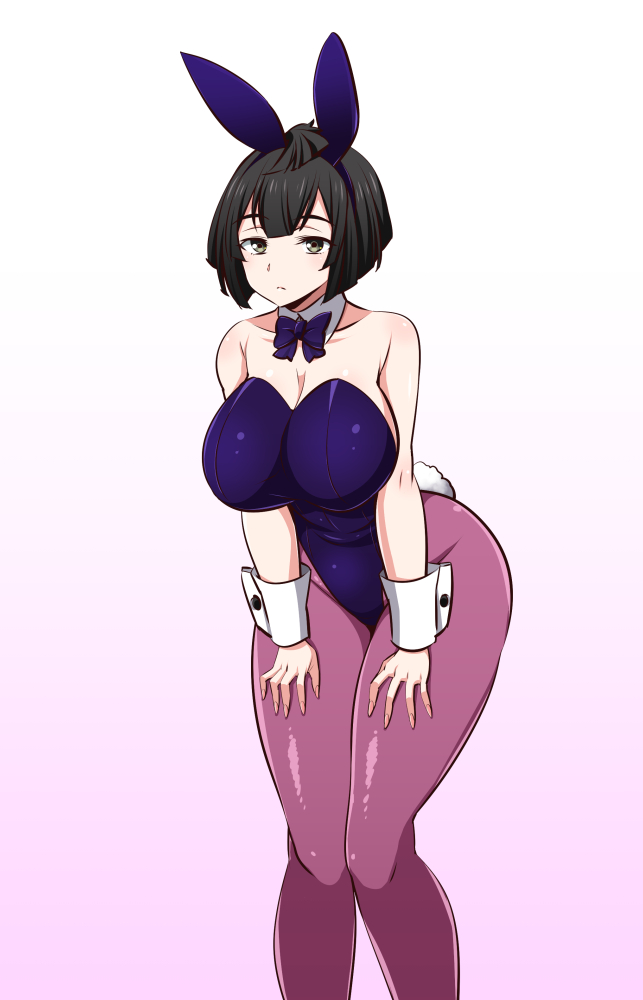 1girl, active_raid, amano_madoka_(active_raid), animal_ears, bare_shoulders, black_eyes, black_hair, bow, breasts, brown_legwear, bunny_girl, bunny_tail, bunnysuit, curvy, detached_collar, fake_animal_ears, gabayo, hands_on_own_thighs, large_breasts, leotard, pantyhose, rabbit_ears, short_hair, solo, tail, wide_hips, wrist_cuffs