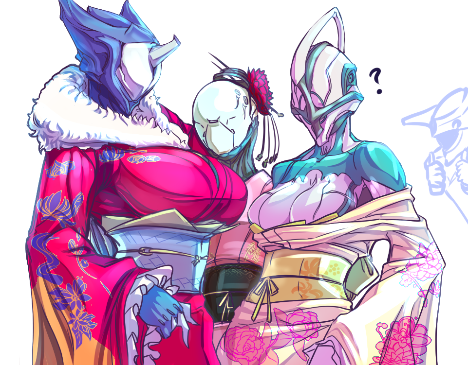 3girls, artist_request, bodysuit, breasts, fur_trim, helmet, japanese_clothes, large_breasts