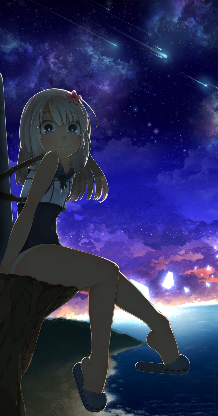 1girl, absurdres, blonde_hair, blue_eyes, cliff, crop_top, elizax9x, flower