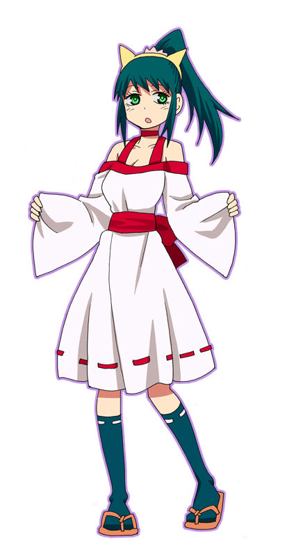 1girl, animal_ears, cat_ears, dress, green_eyes, green_hair, kneehighs, long_hair, mizukami_satoshi, ponytail, sandals, sengoku_youko, tsukiko
