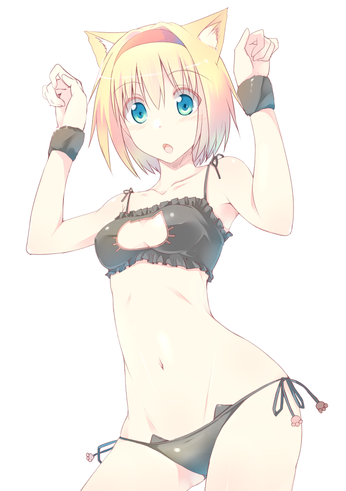 1girl, :o, alice_margatroid, animal_ears, armpits, arms_up, bandeau, black_bra