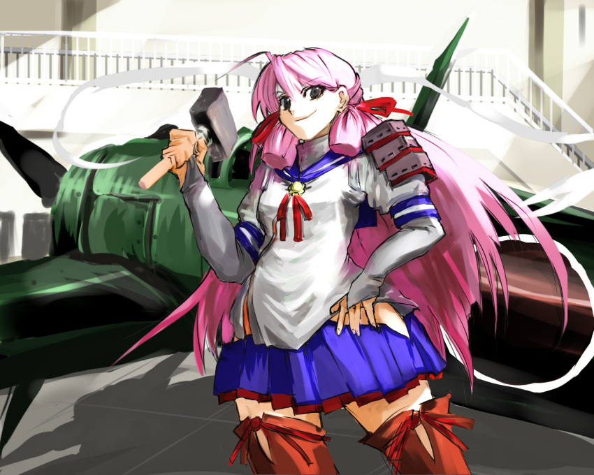 1girl, airplane, akashi_(kantai_collection), armor, bandana, blue_skirt, green_eyes, hair_ribbon