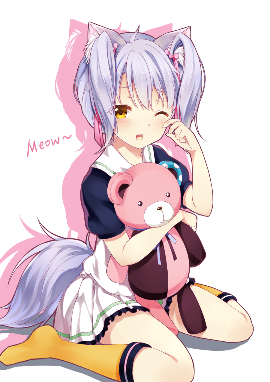 1girl, animal_ears, brown_eyes, cat_ears, highres, hug, kneehighs, kumamakura_kurumi