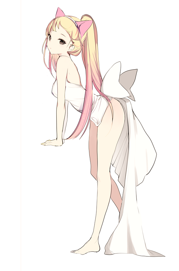 1girl, animal_ears, arm_support, bare_arms, bare_legs, bare_shoulders, barefoot, blonde_hair