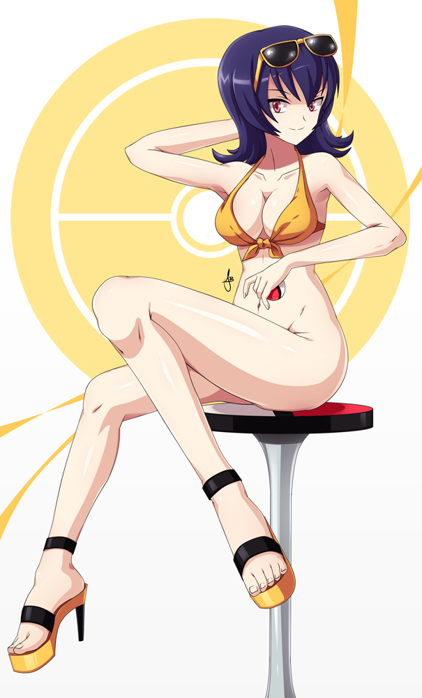 >:), 1girl, arm_up, armpits, artist_name, bikini, bottomless, bow, closed_mouth, collarbone, front-tie_bikini, front-tie_top, groin, hand_behind_head, high_heels, holding, holding_poke_ball, knee_up, looking_at_viewer, midriff, natsume_(pokemon), navel, no_legwear, on_table, orange-framed_glasses, orange_bikini, orange_bow, pink_eyes, poke_ball, poke_ball_print, pokemon, pokemon_(game), pokemon_hgss, purple_hair, scott_bennett, shaded_face, short_hair, signature, simple_background, sitting_on_table, smirk, solo, stomach, sunglasses, sunglasses_on_head, swimsuit, table, toenails, toes, tsurime, white_background