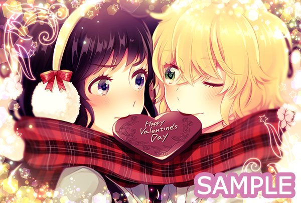 2girls, ano_ko_ni_kiss_to_shirayuri_wo, black_hair, blonde_hair, blue_eyes, blush, canno, chocolate