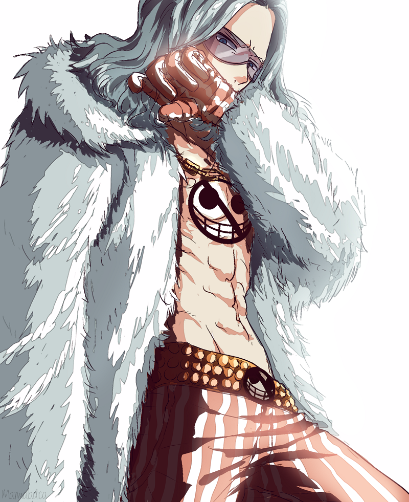 1boy, abs, blue_eyes, blue_hair, gloves, long_hair, marmalade_(elfless_vanilla), one_piece, sarkies, simple_background, solo, sunglasses, tattoo, white_background
