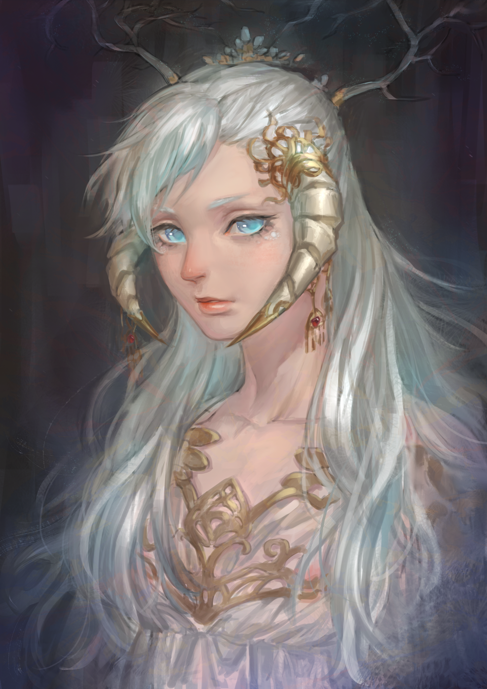 1girl, antlers, blue_eyes, collarbone, dress, earrings, highres, horns