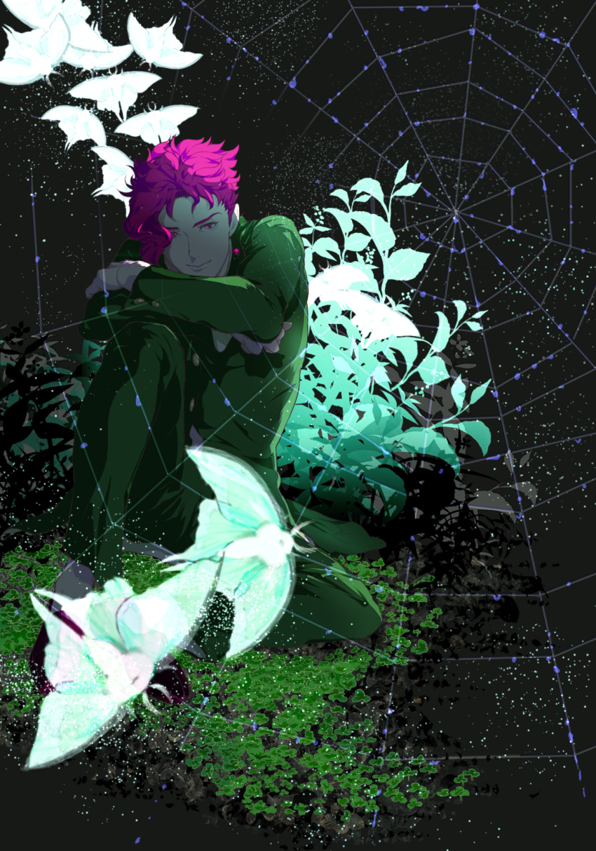 1boy, boorunrun, clover, earrings, full_body, gakuran, head_rest, highres, jewelry, jojo_no_kimyou_na_bouken, kakyouin_noriaki, male_focus, moth, pink_eyes, pink_hair, school_uniform, silk, sitting, smile, solo, spider_web