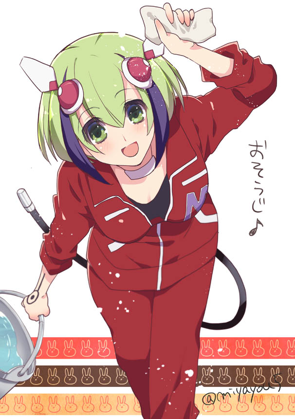 1girl, android, blush, bucket, bucket_of_water, dimension_w, dustcloth, green_eyes