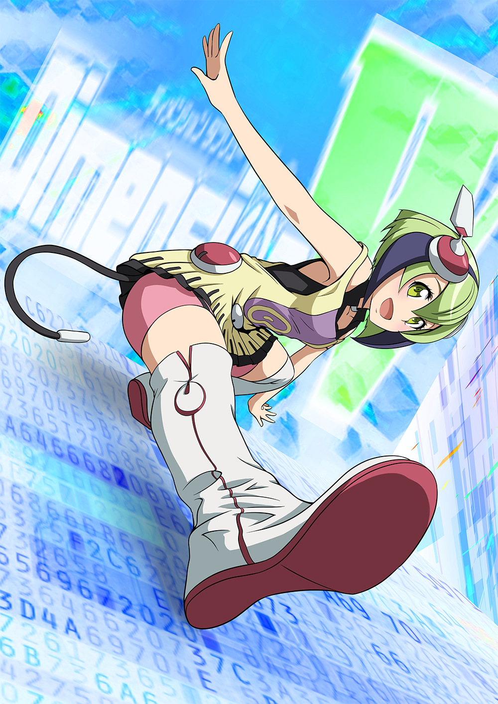 1girl, abstract_background, android, bike_shorts, blush, boots, copyright_name, dimension_w, dress, green_eyes, green_hair, happy, headgear, highres, looking_at_viewer, multicolored_hair, nekota_susumu, open_mouth, short_hair, solo, streaked_hair, tail, two-tone_hair, white_legwear, yurizaki_mira