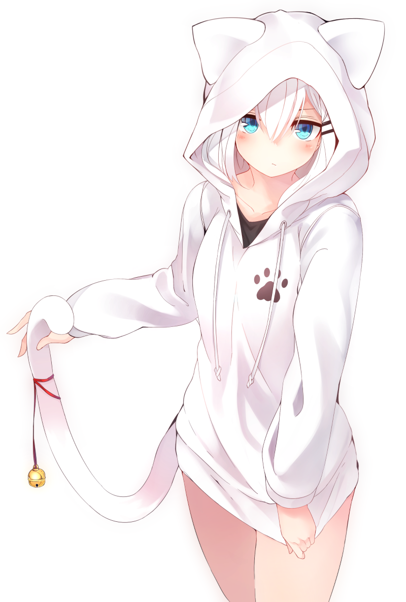 1girl, animal_ears, animal_hood, bell, blue_eyes, blush, bottomless, cat_day