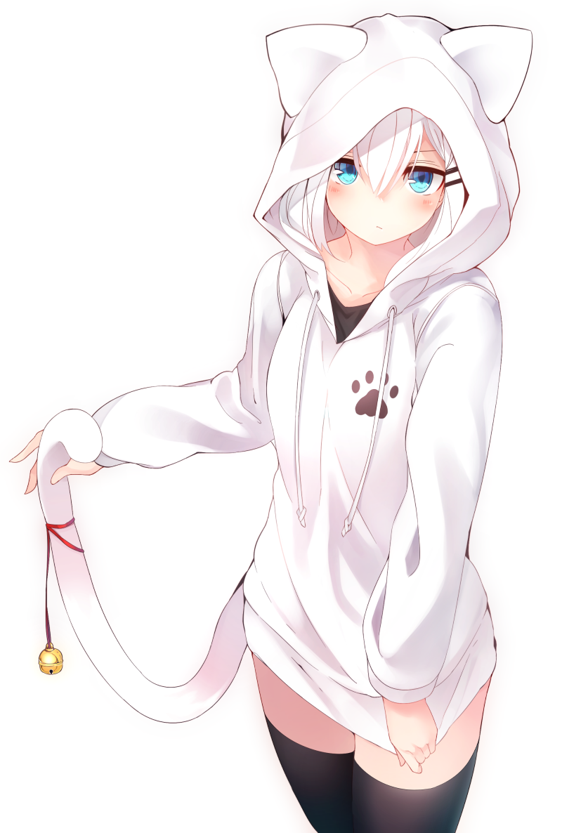 1girl, animal_ears, animal_hood, bell, black_legwear, blue_eyes, blush, bottomless