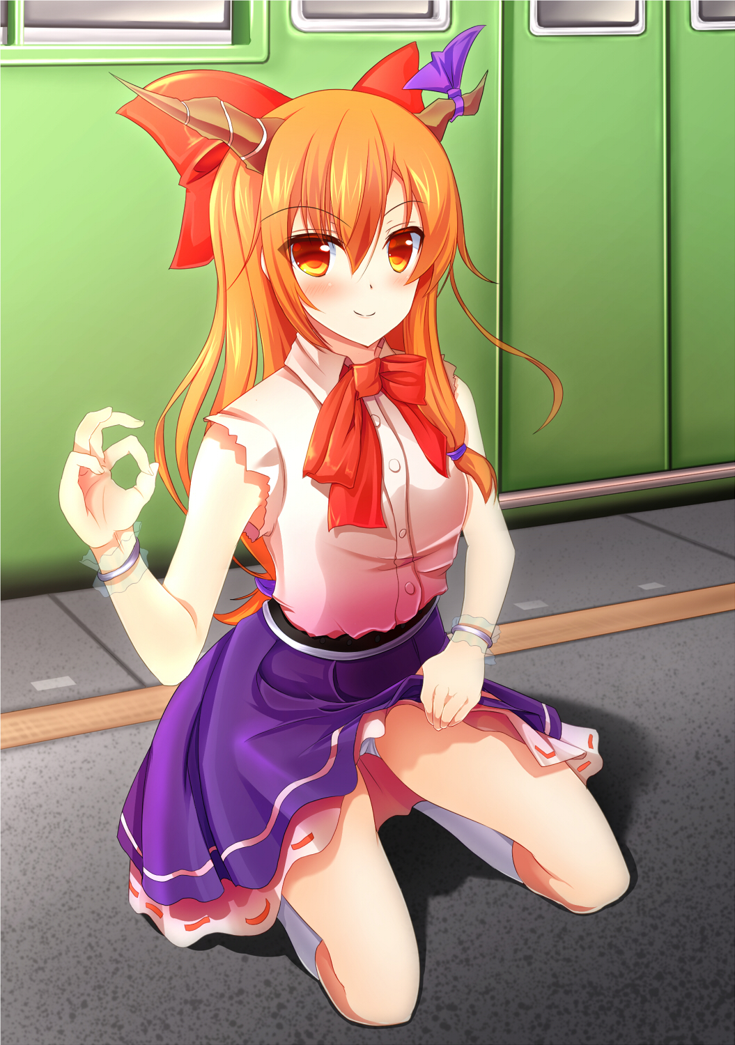 1girl, blue_skirt, blush, bow, bowtie, bracelet, buttons, closed_mouth, collared_shirt, eyebrows, eyebrows_visible_through_hair, hair_bow, hand_gesture, highres, horn_ribbon, horns, ibuki_suika, jewelry, kneehighs, kneeling, lifted_by_self, looking_at_viewer, motor_vehicle, oni, orange_eyes, orange_hair, outdoors, panties, presenting, purple_ribbon, red_bow, red_bowtie, ribbon, see-through, sexually_suggestive, shirt, skirt, skirt_lift, smile, solo, szk, thighs, touhou, train, train_station, underwear, vehicle, white_legwear, white_panties, white_shirt, wrist_cuffs
