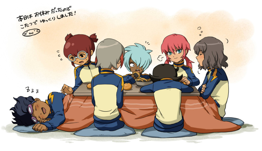 6+boys, aoyama_shunsuke, aqua_eyes, black_hair, blue_hair, brown_hair, dark_skin, glasses, goggles, goggles_on_head, hair_over_one_eye, hamano_kaiji, hayami_tsurumasa, ichino_nanasuke, inazuma_eleven_(series), inazuma_eleven_go, kirino_ranmaru, kotatsu, kurama_norihito, lightning_bolt, long_hair, male_focus, mizuhara_aki, multiple_boys, pink_hair, raimon, raimon_track_suit, shindou_takuto, short_hair, sitting, table, track_suit, translation_request, twintails, under_kotatsu, under_table, zzz