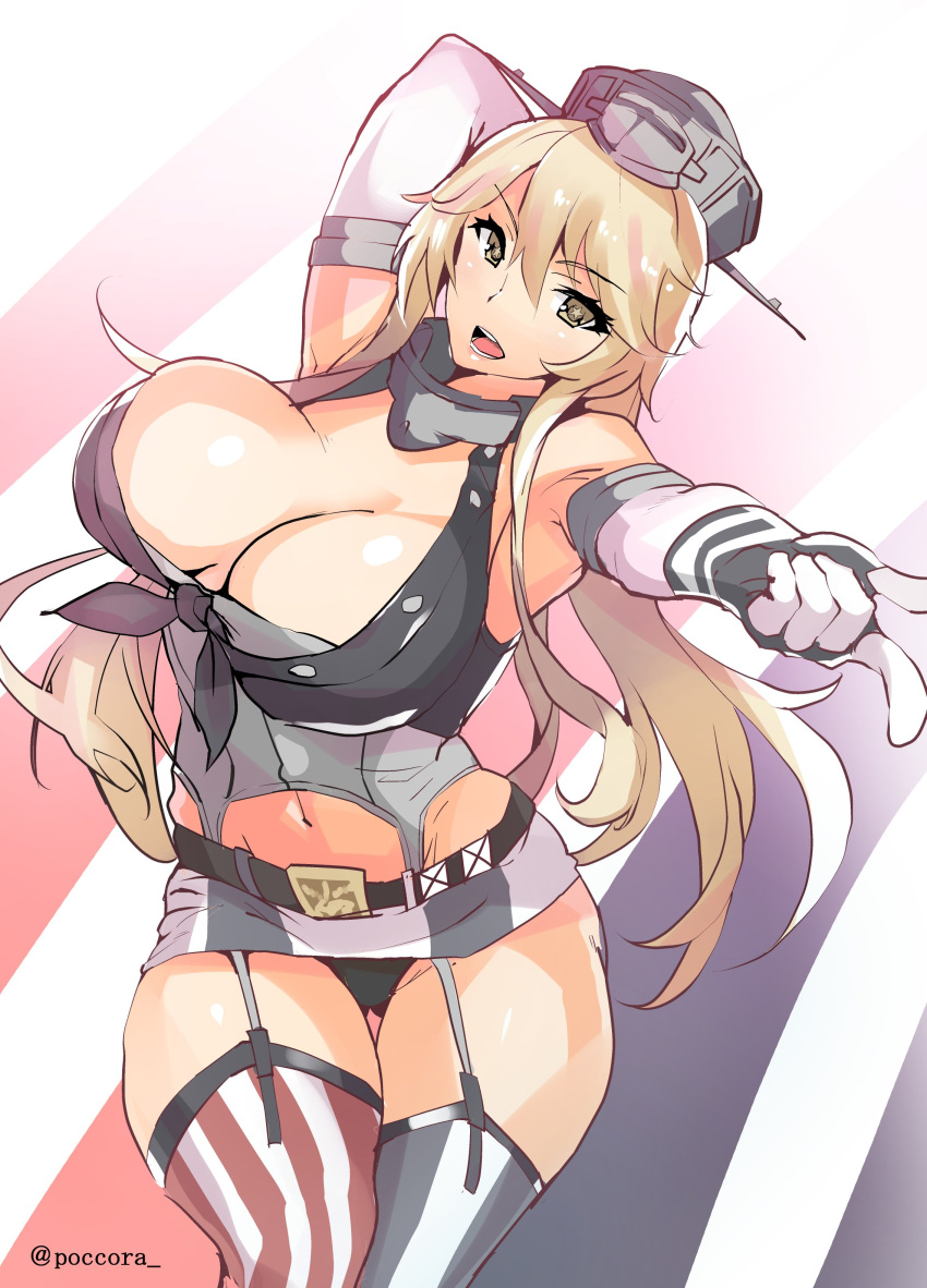 1girl, :d, absurdres, american_flag_legwear, belt, blonde_hair, breasts, cleavage