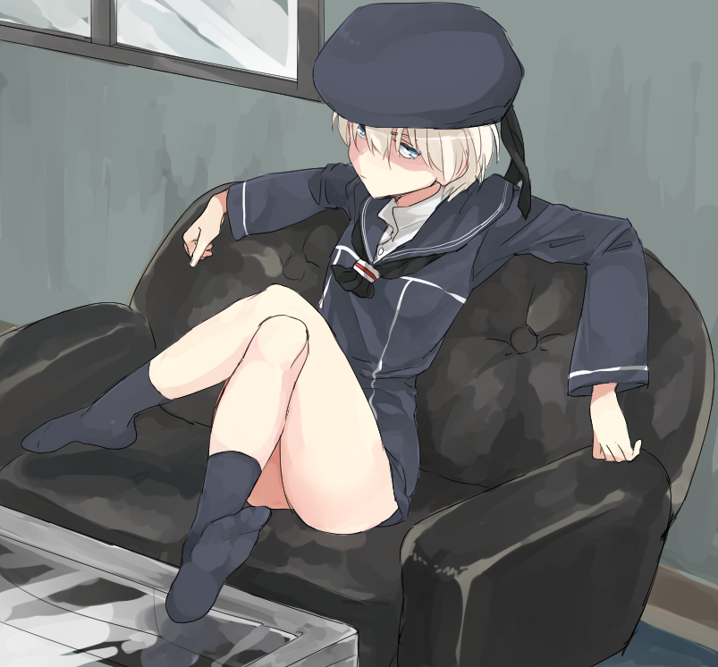 blue_eyes, crossed_legs, dress, hat, kantai_collection, nakagomiyuki415, sailor_dress, short_hair, silver_hair, uniform, z1_leberecht_maass_(kantai_collection)