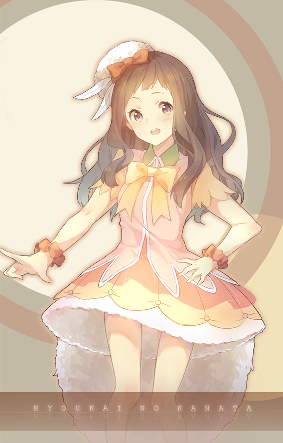 1girl, blue_eyes, blush, bow, brown_hair, copyright_name, dress, hand_on_hip