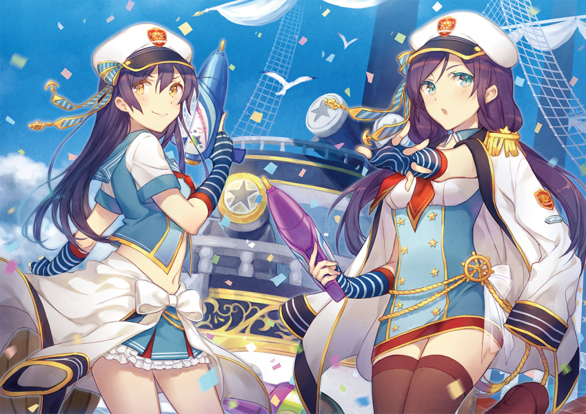 2girls, bangs, black_legwear, blue_eyes, blue_gloves, blue_hair, blush, boat
