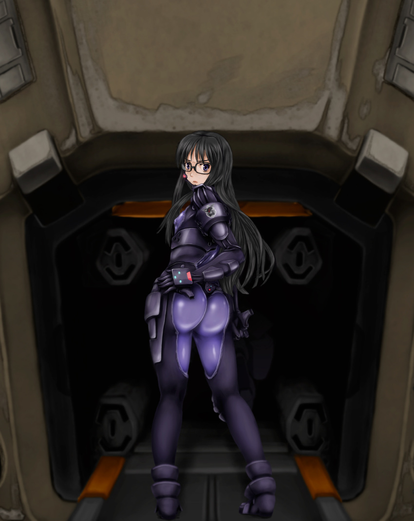 1girl, ass, black_hair, blue_eyes, blush, cockpit, flat_chest, glasses
