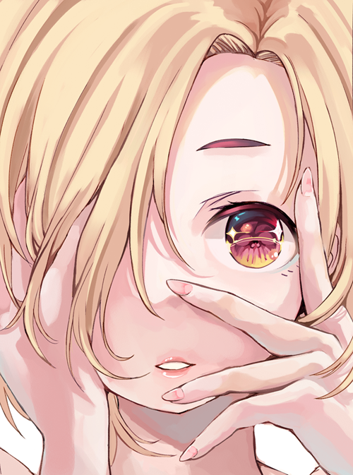 1girl, bags_under_eyes, blonde_hair, blush, close-up, commentary_request, face, hair_over_one_eye, heri, idolmaster, idolmaster_cinderella_girls, looking_at_viewer, open_mouth, shirasaka_koume, short_hair, smile, solo