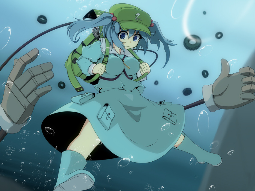 1girl, backpack, bag, blue_eyes, blue_hair, bow, bubble, emanon