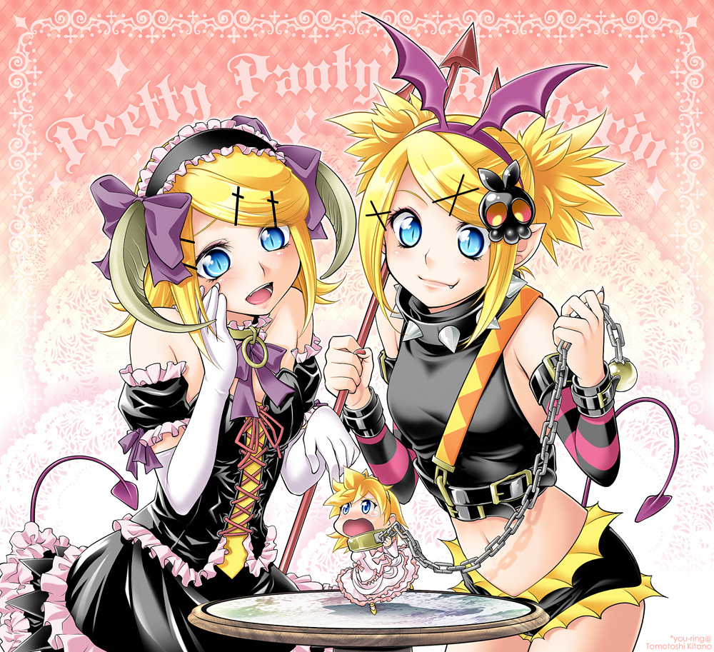 blonde_hair, blue_eyes, chain, chains, collar, dress, fang, hair_ornament