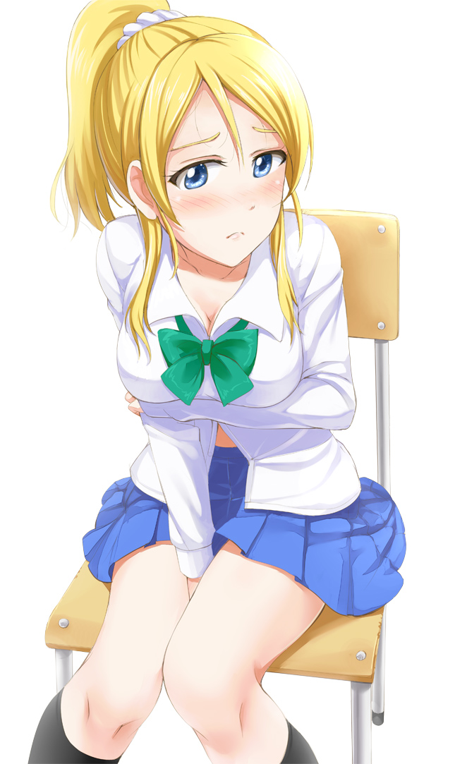 1girl, ayase_eli, blonde_hair, blue_eyes, blush, breasts, cleavage, kohane