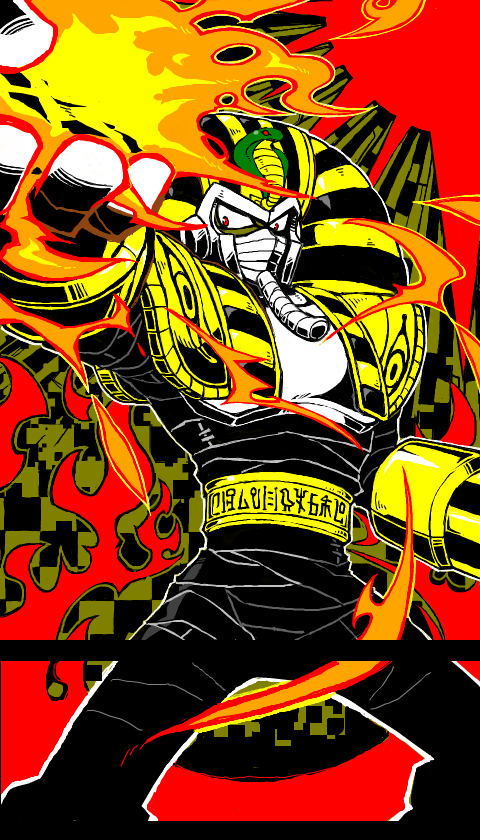 1boy, bandages, fire, hieroglyphics, nitorou, pharaohman, rockman, rockman_(classic)