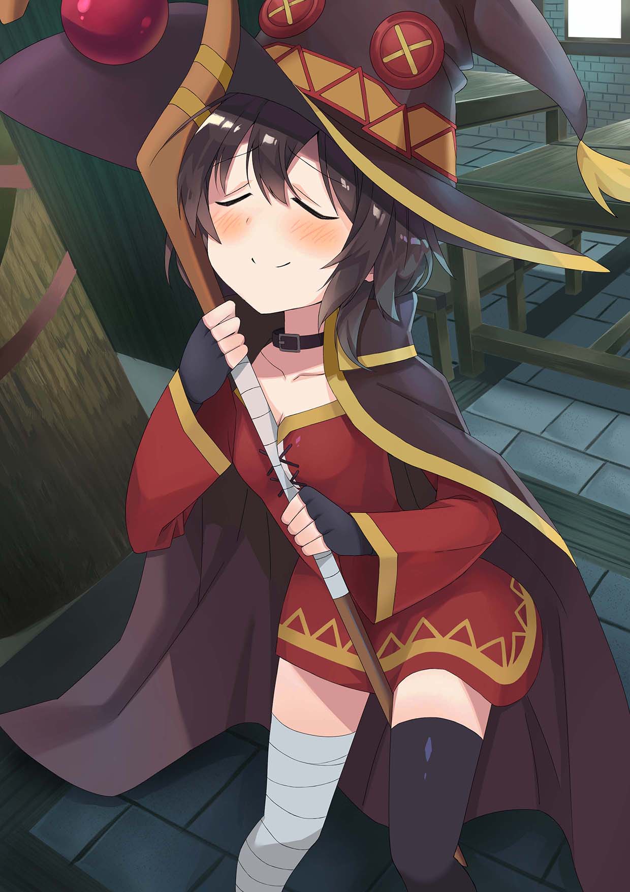 1girl, between_thighs, black_hair, black_legwear, blush, cape, closed_eyes, collar