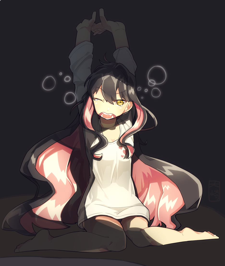 1girl, black_hair, kantai_collection, long_hair, multicolored_hair, naganami_(kantai_collection), one_eye_closed, open_mouth