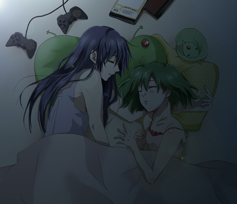 bad_id, blanket, blue_hair, closed_eyes, controller, couple, game_controller, gen_(enji)
