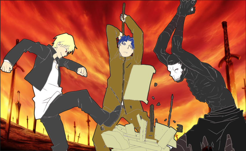 3boys, 4chan, blonde_hair, blue_eyes, blue_hair, dark_skin, destruction, drawfag, fate/stay_night, fate_(series), fax_machine, gilgamesh, matou_shinji, multiple_boys, office_space, parody, red_eyes, true_assassin