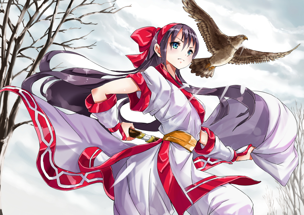 1girl, bird, black_hair, blue_eyes, bow, fingerless_gloves, gloves, hair_bow