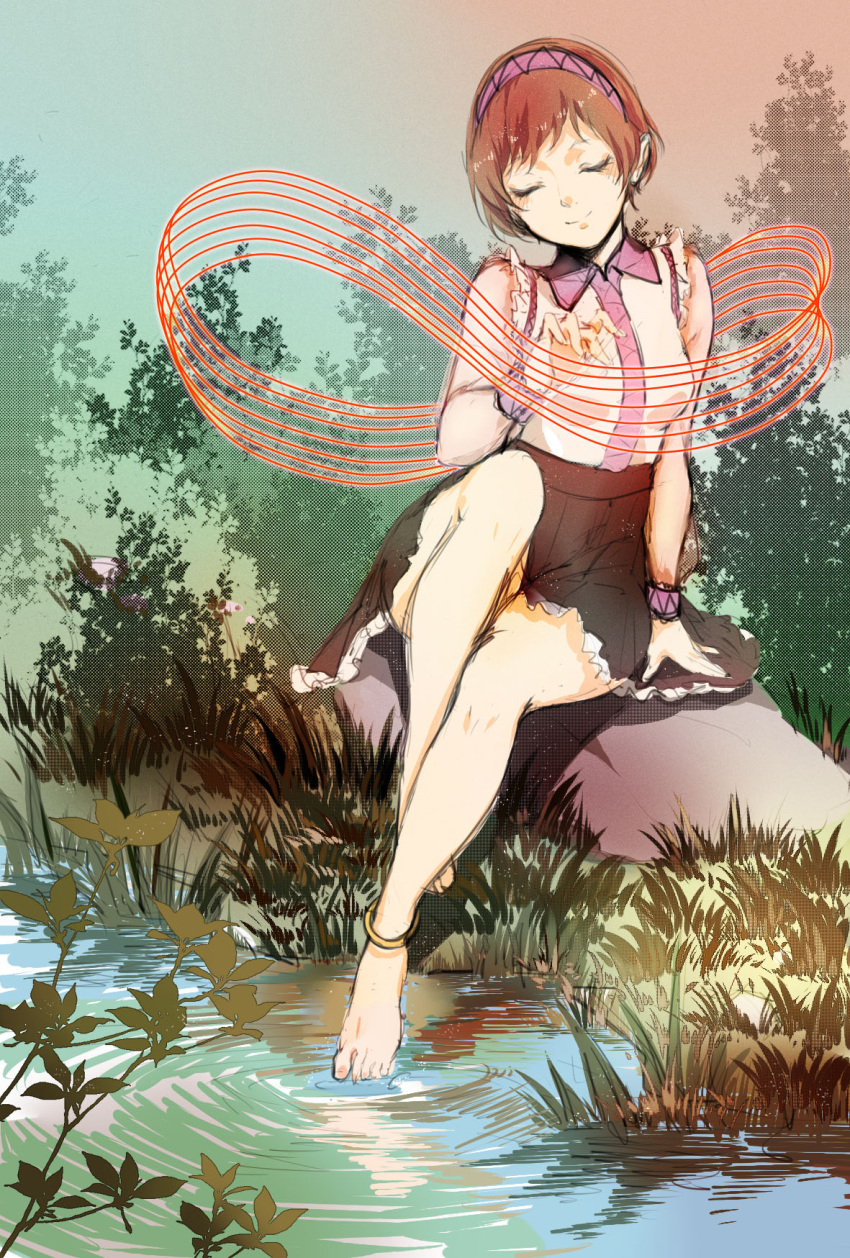 1girl, barefoot, brown_hair, closed_eyes, denden_daiko, grass, hairband, highres, kagari6496, rattle_drum, rock, shirt, short_hair, sitting, skirt, solo, touhou, tsukumo_yatsuhashi, water